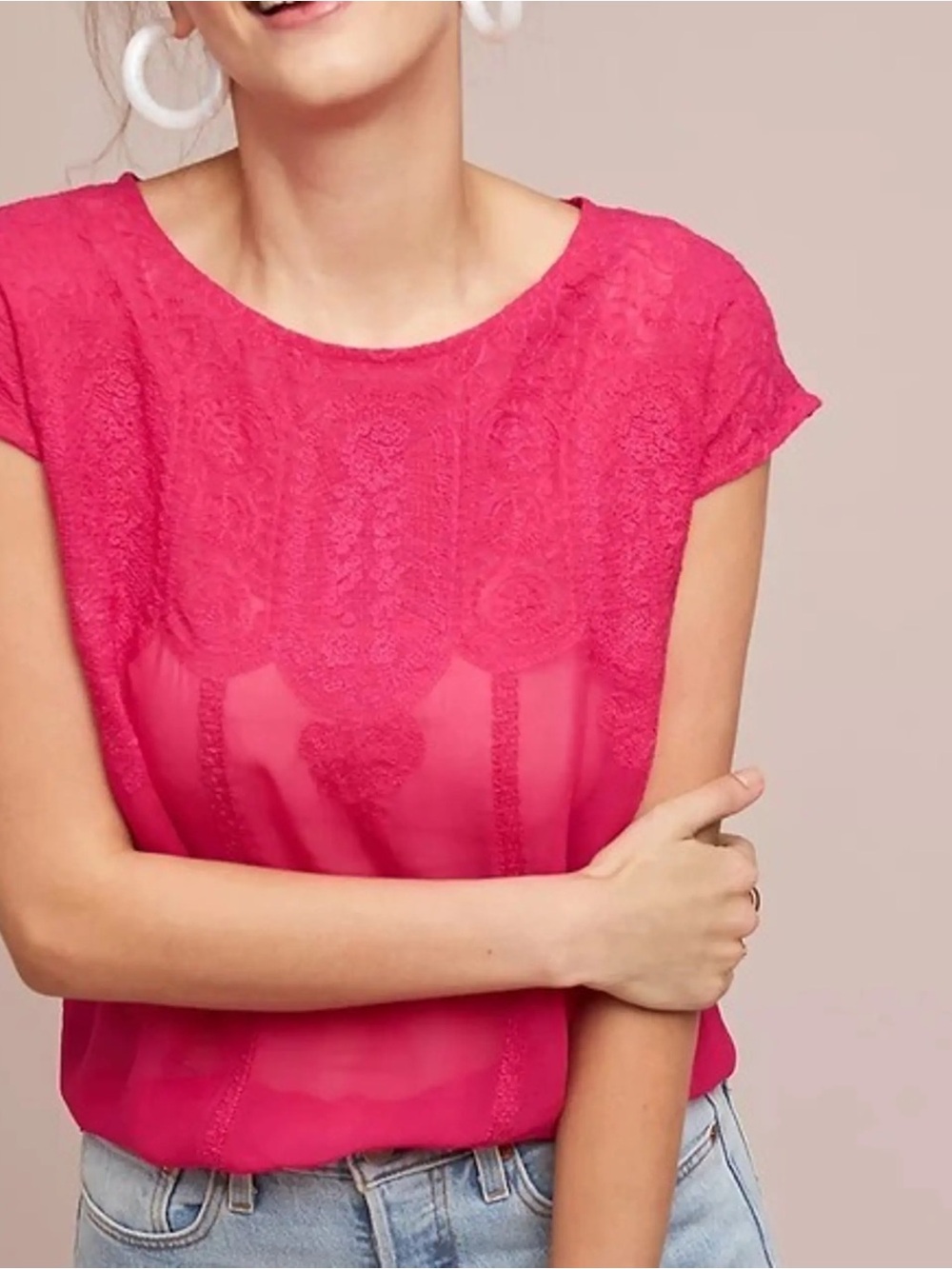 ANTHROPOLOGIE MAEVE Sheridan Embroidered Cap-Sleeve Blouse - Raspberry